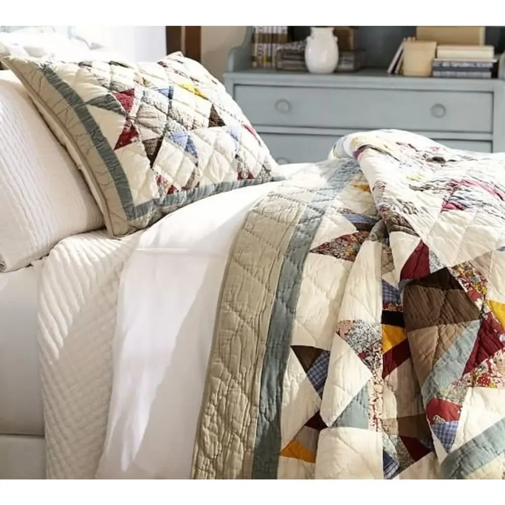 New POTTERY BARN Multi Star Patchwork Quilted Euro European Sham Cover Case